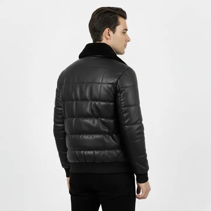 Men's Black Faux Leather Puffer Jacket with Fur Collar
