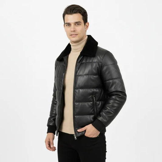 Men's Black Faux Leather Puffer Jacket with Fur Collar