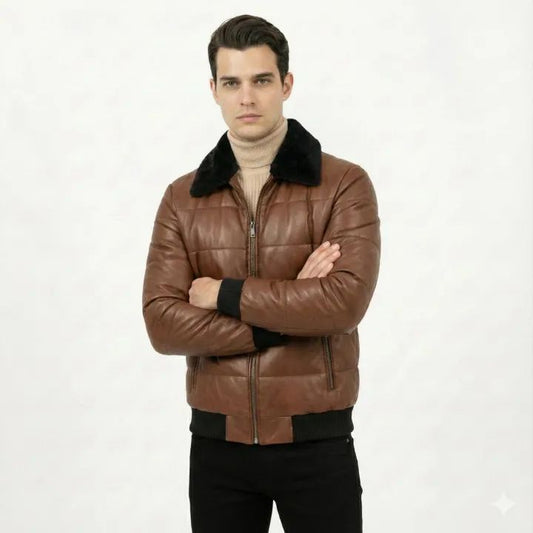Men's Faux Leather Puffer Jacket with Fur Collar